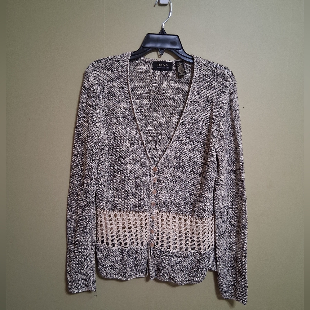 Dana Buchman Black and Cream Knit Cardigan Button Front Women's Large